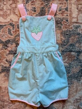 Girls Strawberry Appliqué Romper - Pink & Light Blue